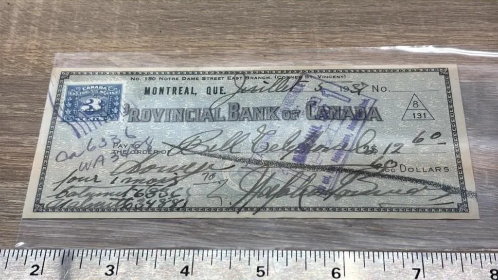 1937 Bank Issued Cheque From Provincial Bank Of