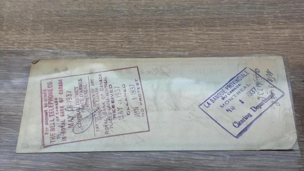 1937 Bank Issued Cheque From La Banque Provincial