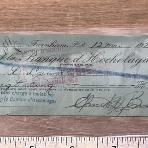 1924 Bank Issued Cheque from Banque D� Hochelaga