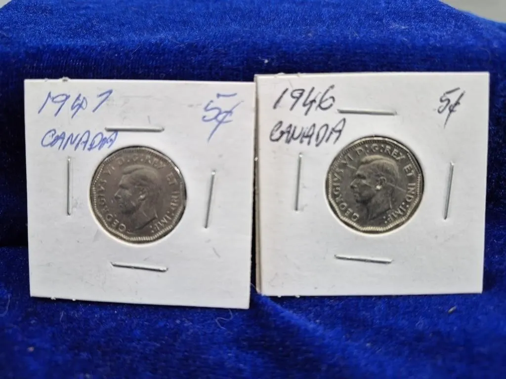 1946 & 1947 Canada 5 Cent Beaver Coins