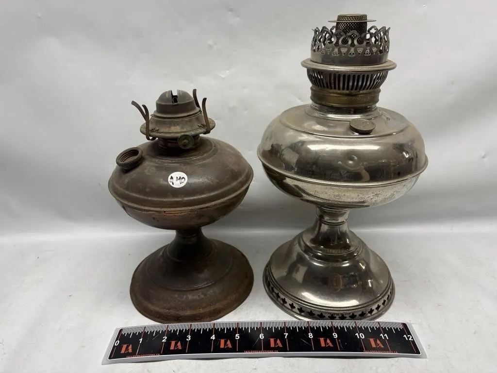 Pair of Antique Brass/Nickel Kerosene Oil Lamps