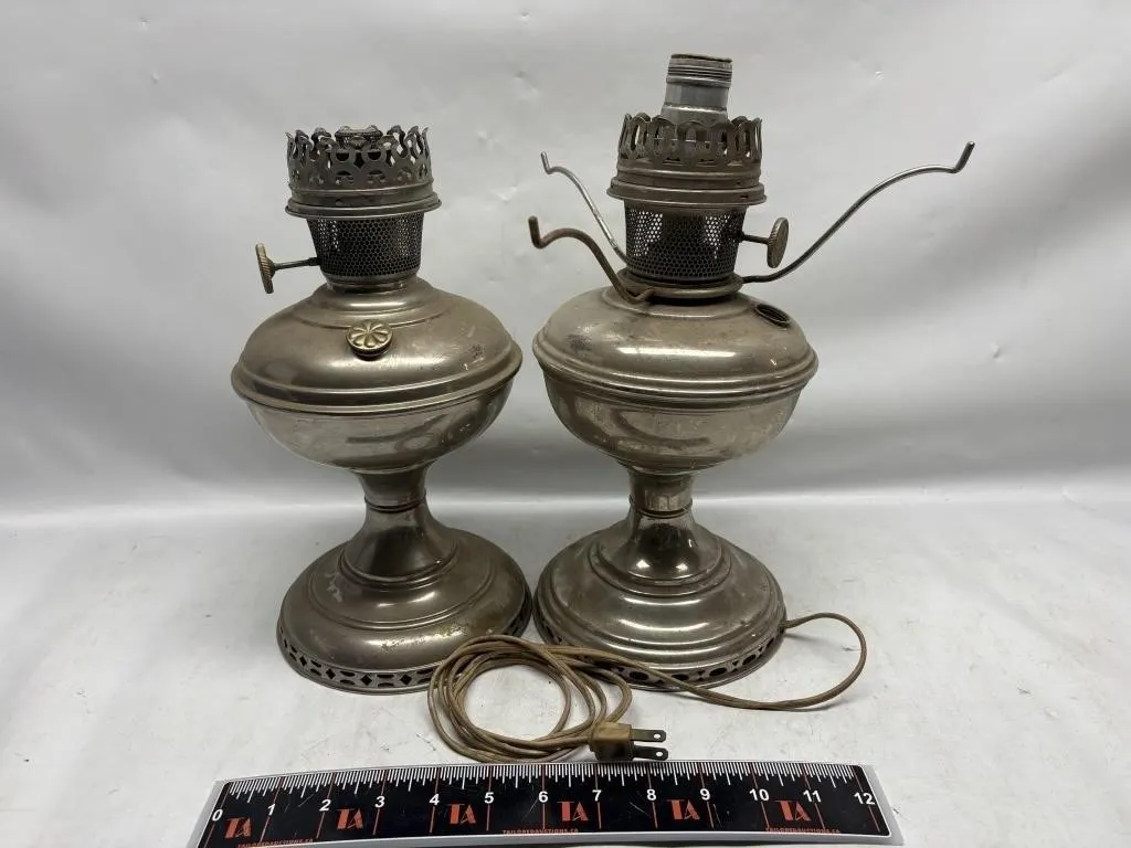 Pair of Antique Aladdin Model 11 Nickel Oil Lamps