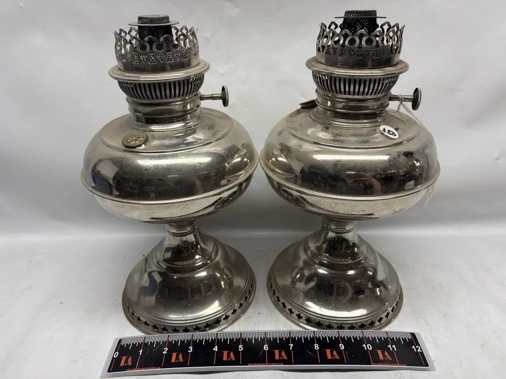 Pair of Antique Silver-Plated Rayo Oil Lamps