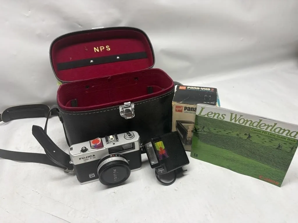 Fujica 35FS Camera, Case, Flash & Slide Viewer