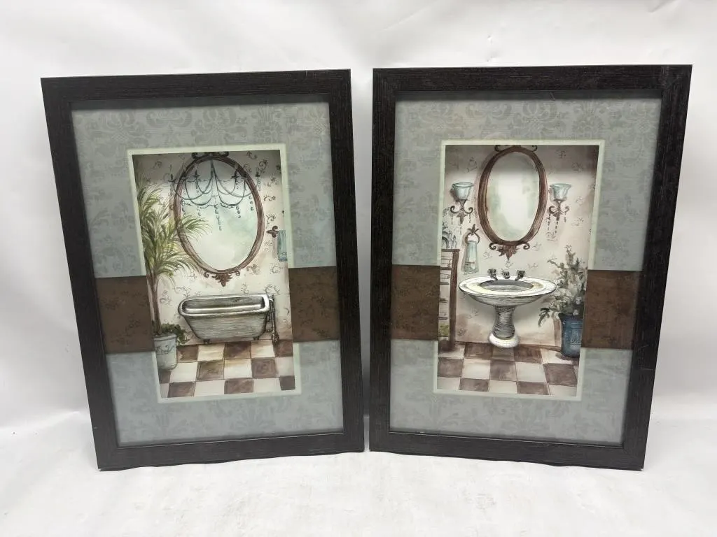 Pair Framed Bathroom Wall Art Prints, Tub & Sink