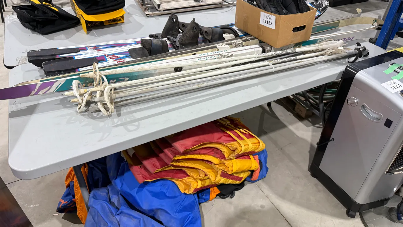 Vintage Skis and Poles, Water Skis, Life Jackets and 3 Person Tube