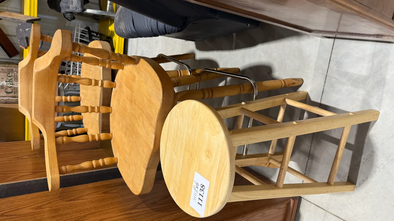 (2) Wooden Spinning Stools and (1) Wooden Bar Stool