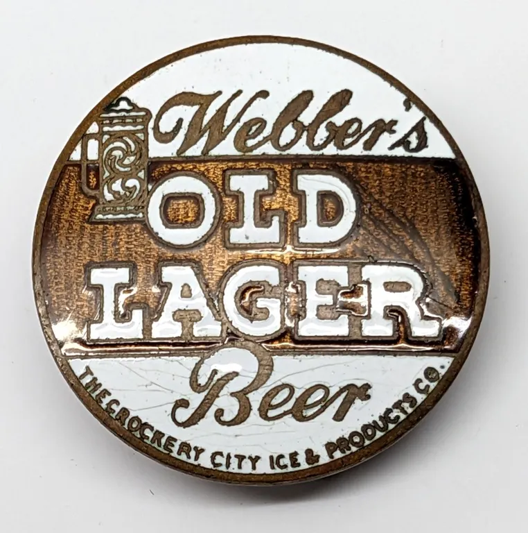 BALL TAP KNOB INSERT WEBBER'S OLD LAGER BEER THE CROCKERY CITY ICE & PRODUCTS CO EAST LIVERPOOL OHIO