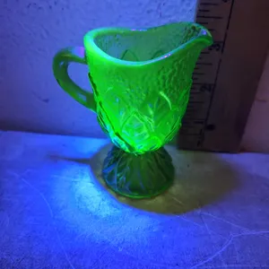 Vintage Kanawha Glass Uranium Miniature Creamer/Toothpick Holder, Leaf Pattern 3.5"