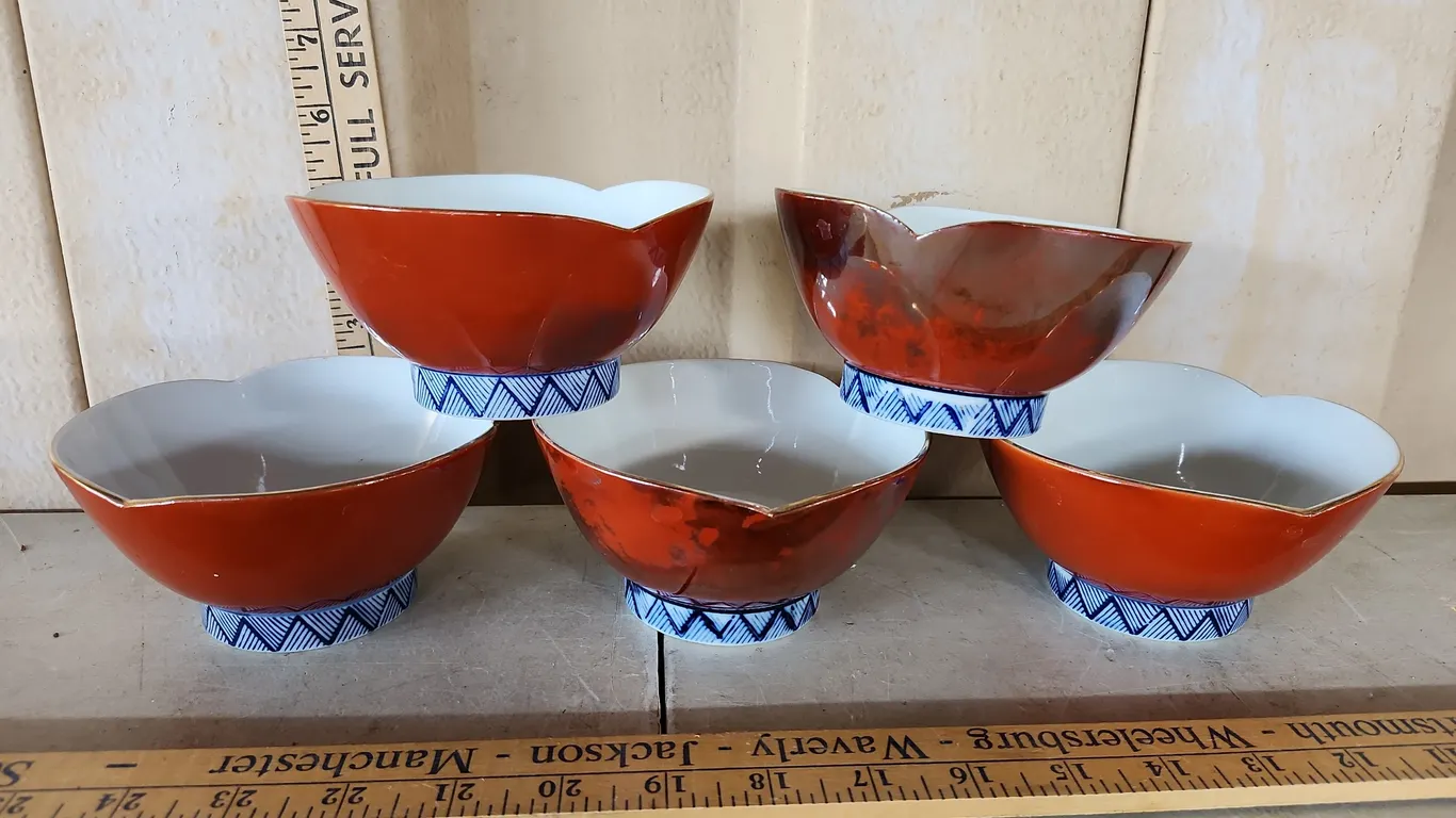 5 Vintage Japan Red Porcelain Lotus Blossom Bowls