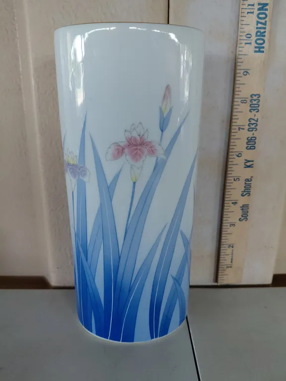 Vintage Otagiri Hand Painted Japanese Porcelain Cylinder Vase 10" Tall
