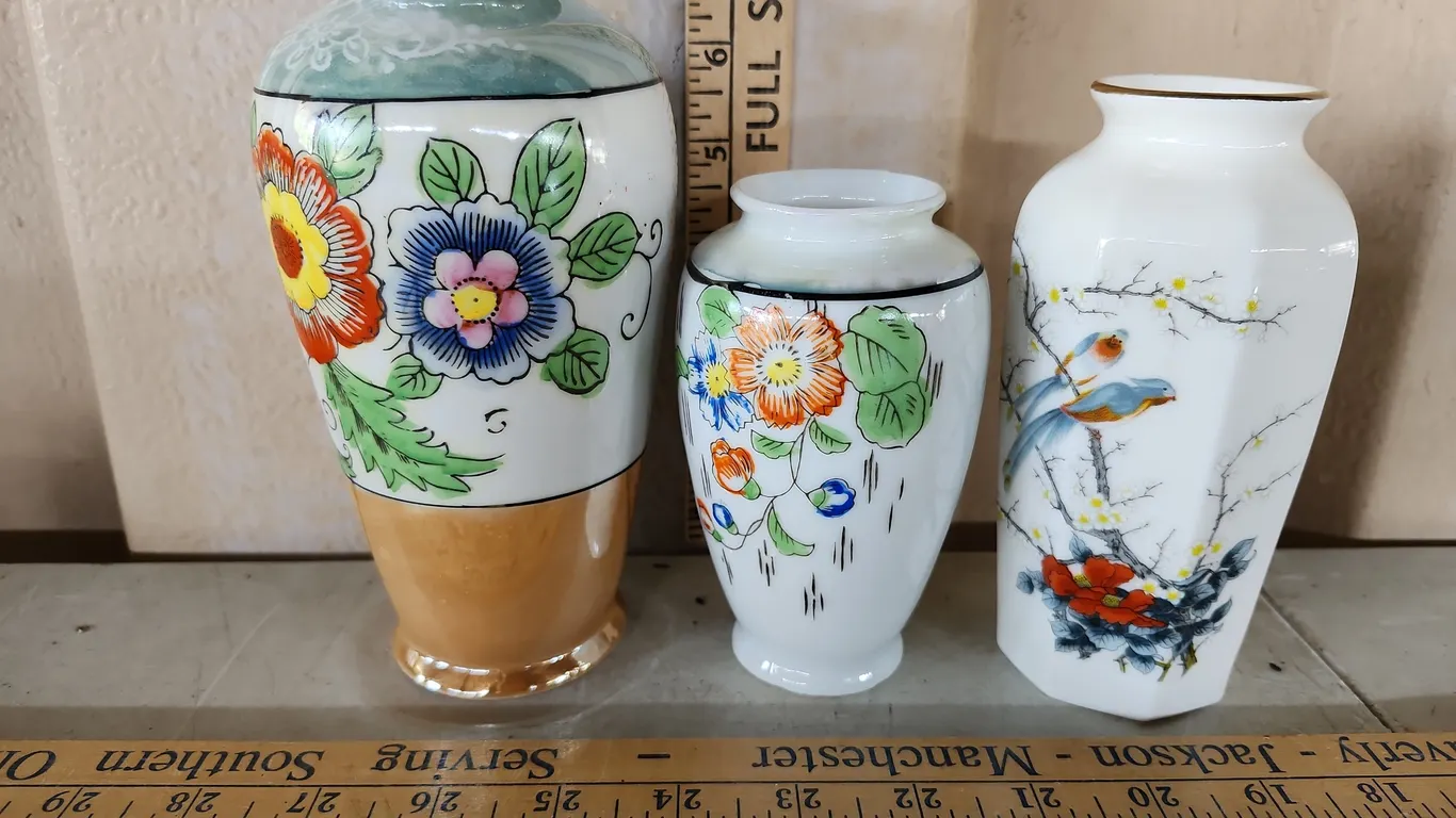 3 Vintage Japan Hand Painted Vases 5", 6", & 7" Tall