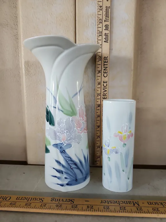 Vintage Otagiri Japan Porcelain Vase W/Hand Painted Pastel Floral Motifs 6.75" & 10.5" Tall