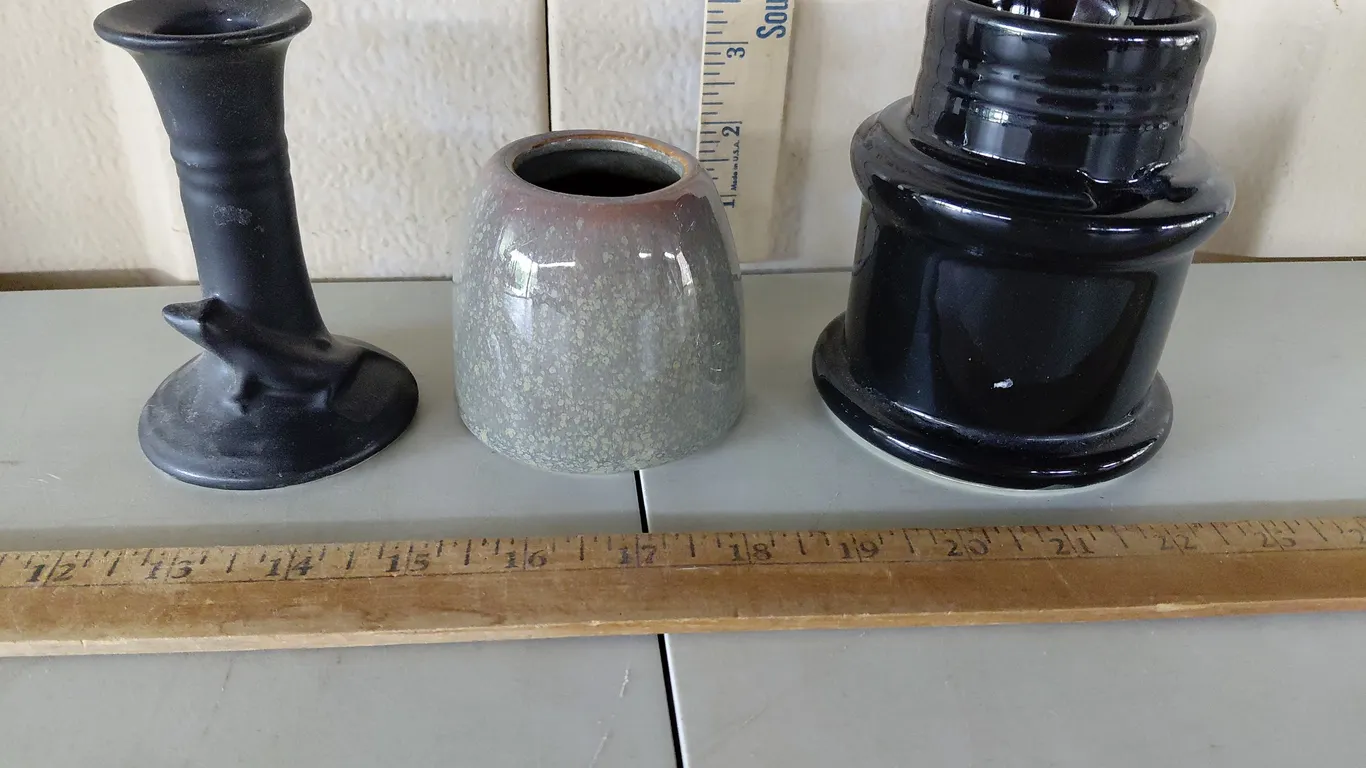 Vintage Ceramic Black Candle Stick Holders (1 Has Lizard Design) & Pottery Jar