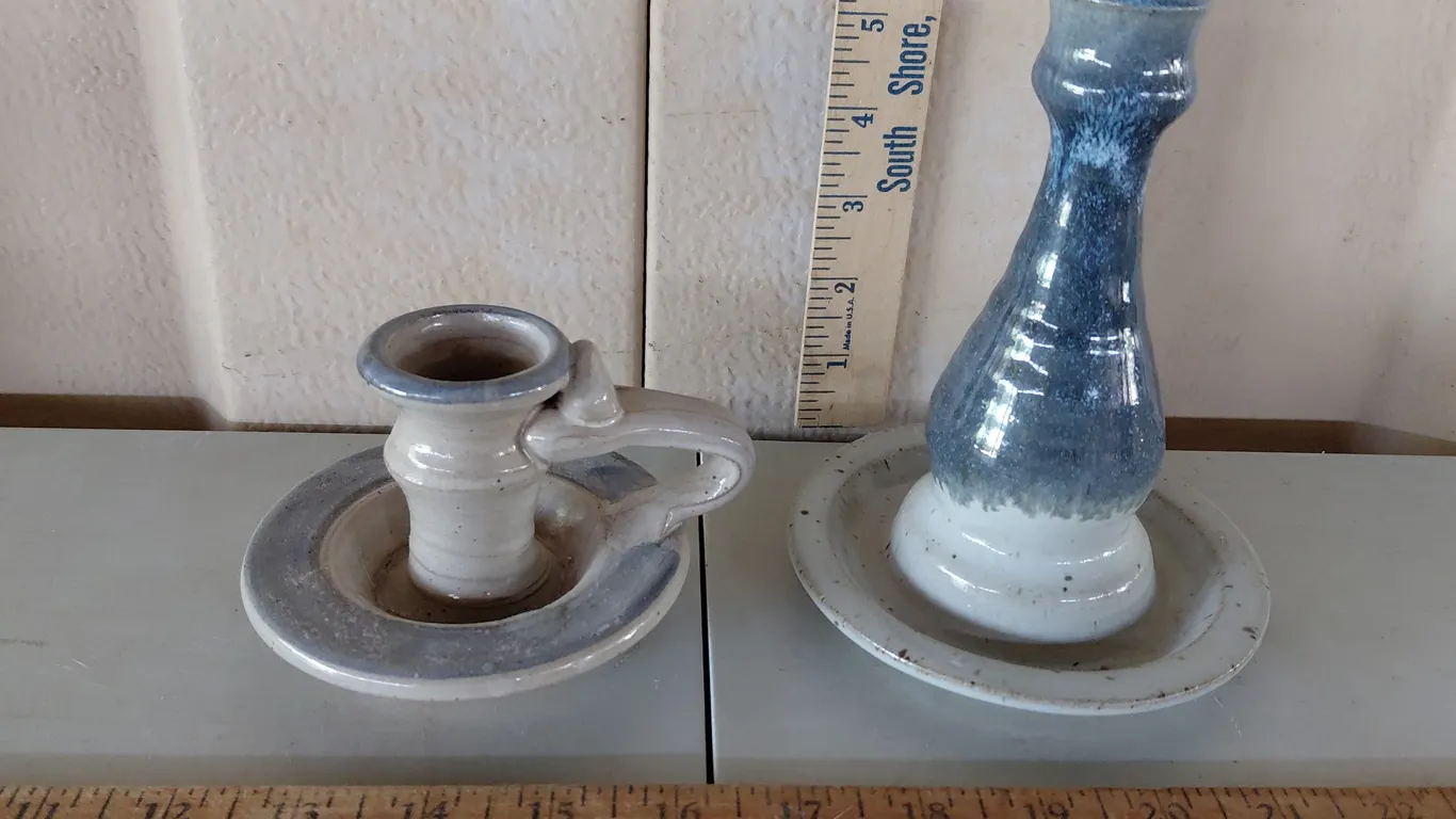 Vintage Stoneware Chamberstick Candle Holder & Tall Candle Stick Holder
