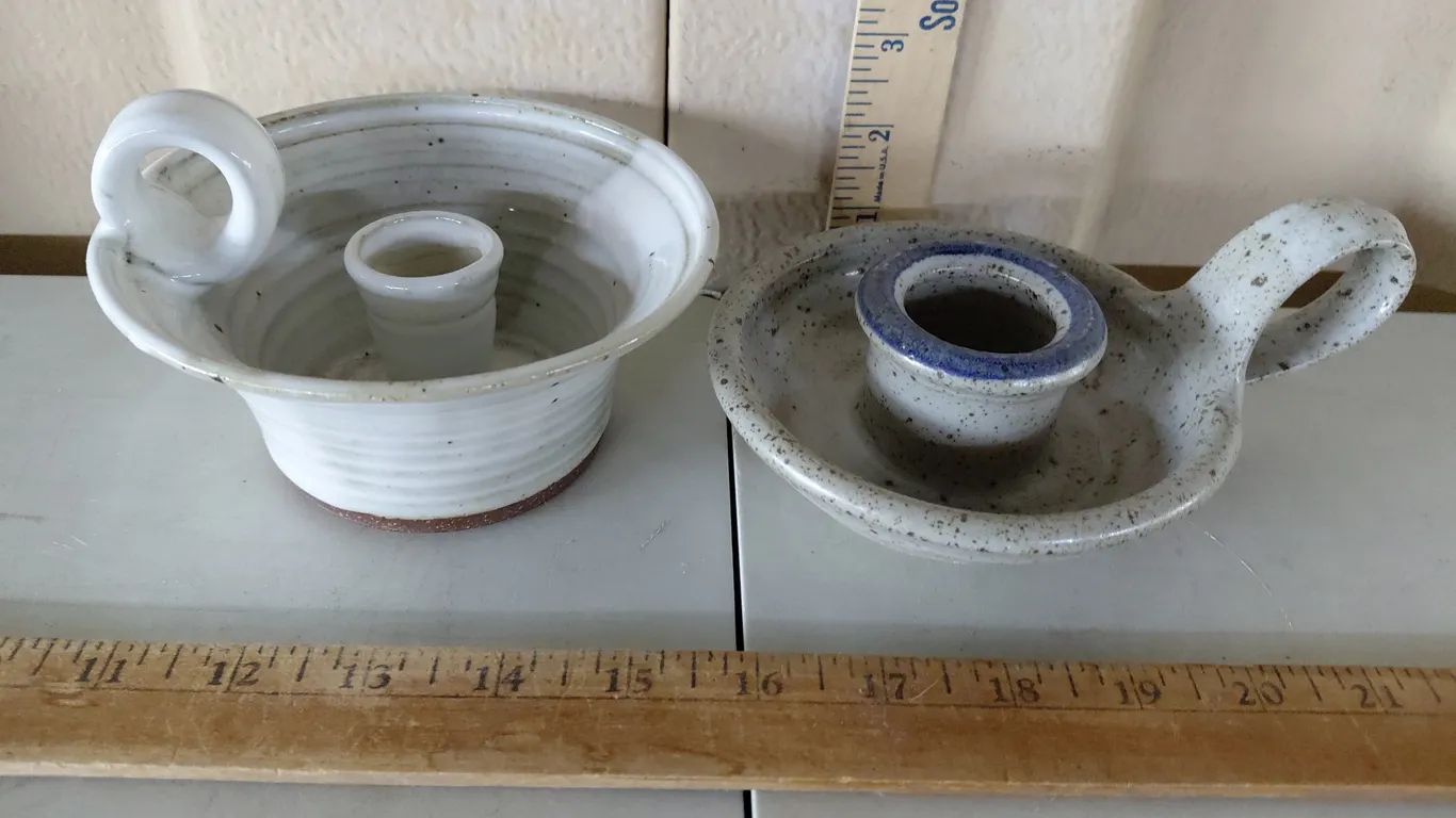 2 Vintage Signed Stoneware Chamberstick Candle Holders