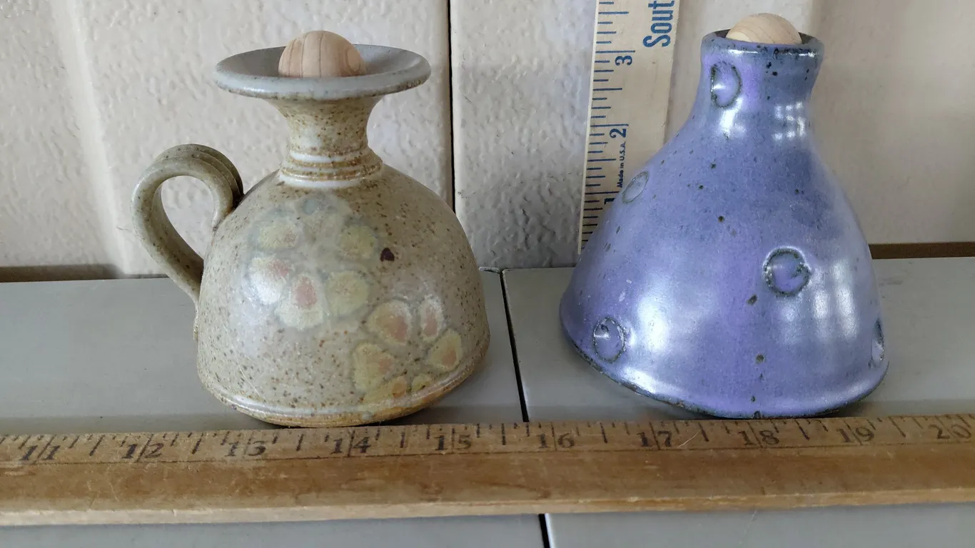 2 Vintage Signed Pottery/Stoneware Oil Lamps (Wood Ball Decor Purpose Only)