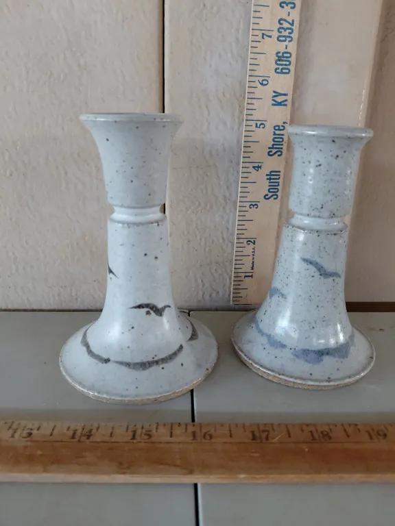 2 Vintage Signed Stoneware Candlestick/Bud Vases 5.25" Tall