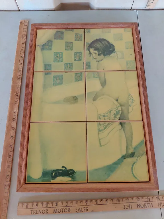 Vintage Decorative Tile Wall Hanging Little Girl Climbing In Tub By Jessie Willcox Smith 13.75"X19.7