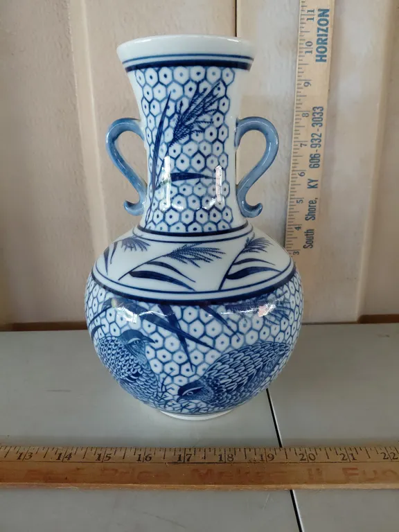 Vintage Japanese Blue & White Porcelain Quail Bird Double Handle Vase 9.75" Tall