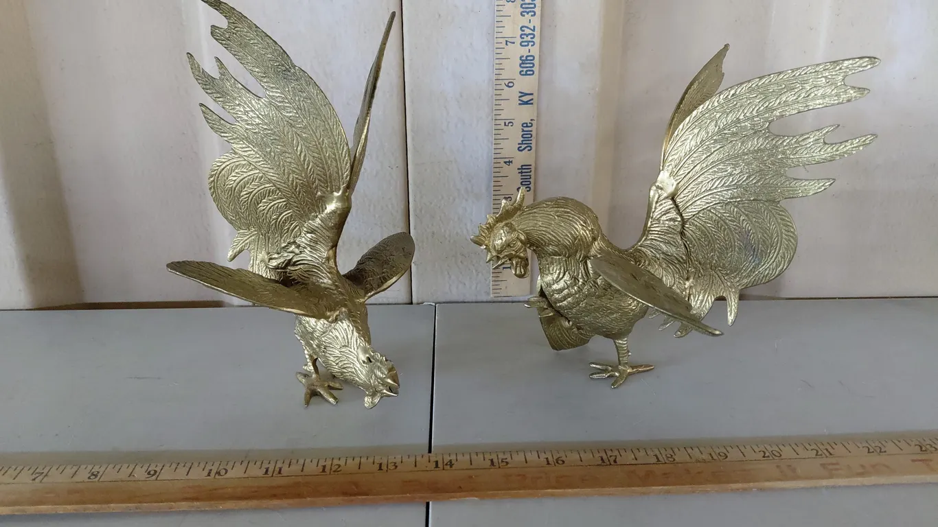 Vintage Brass Fighting Roosters 7" & 8" Tall
