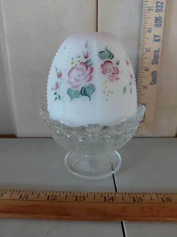 Vintage Fenton Fairy Lamp Hand Painted/Signed Rose Garden Clear Glass Base 5.5" Tall