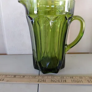 Vintage Anchor Hocking Avocado Green Glass Colonial Style Pitcher 8.5"
