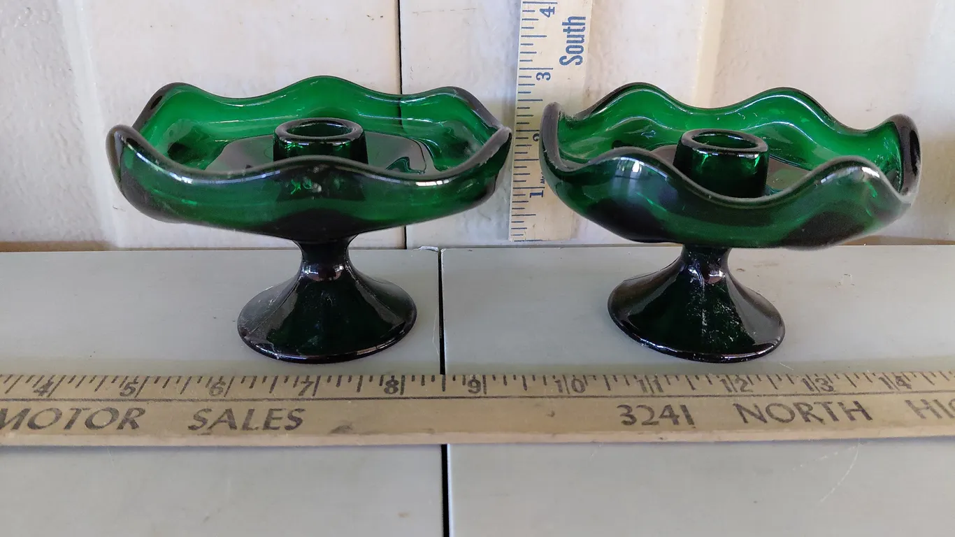Vintage Green Pressed Glass Candlestick Holders 5"X3"