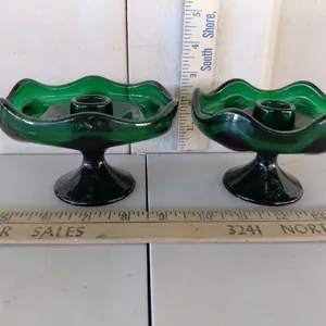 Vintage Green Pressed Glass Candlestick Holders 5"X3"
