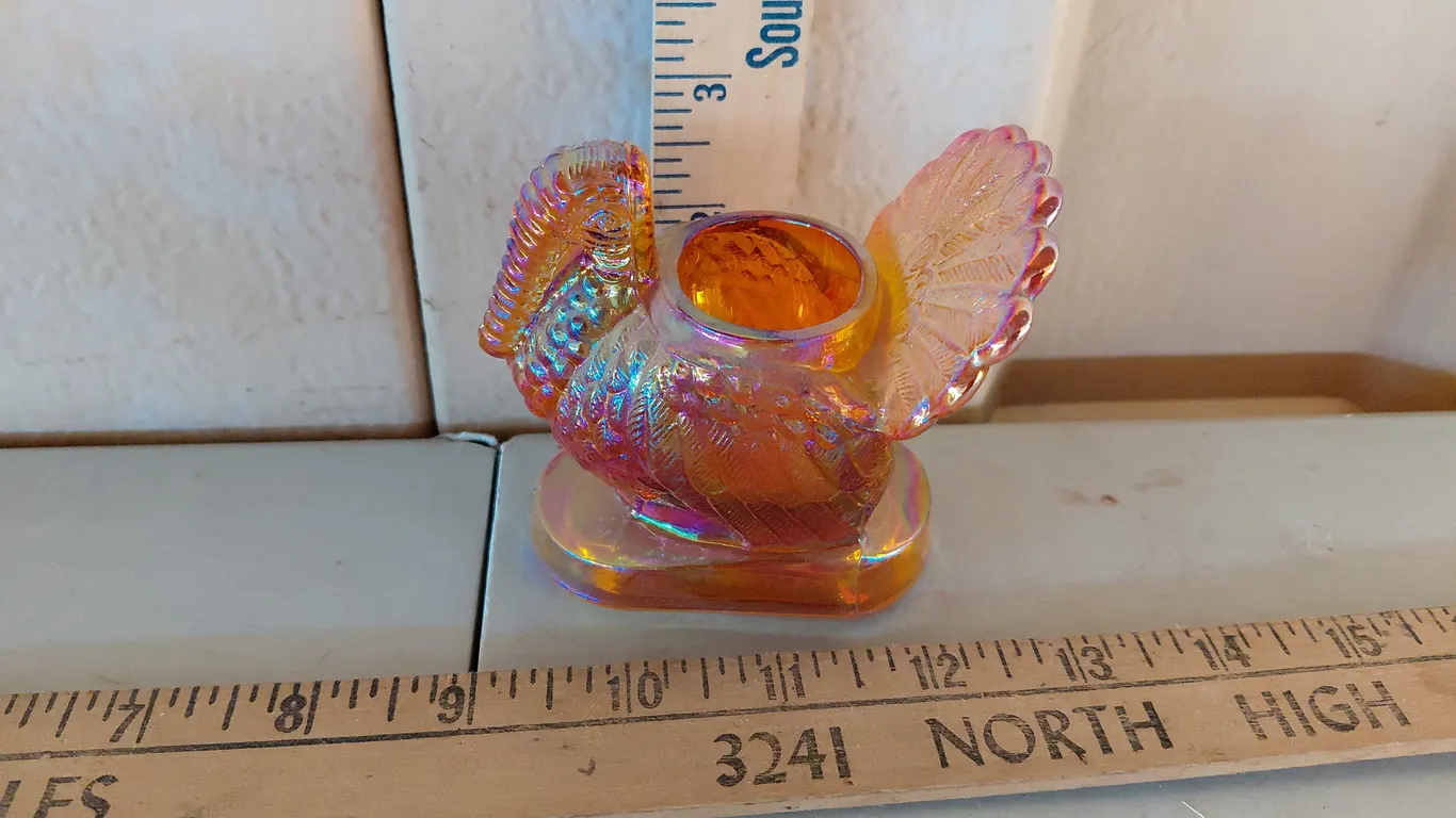 Vintage Mosser Glass Marigold Carnival Glass Turkey Toothpick Holder 3" Tall