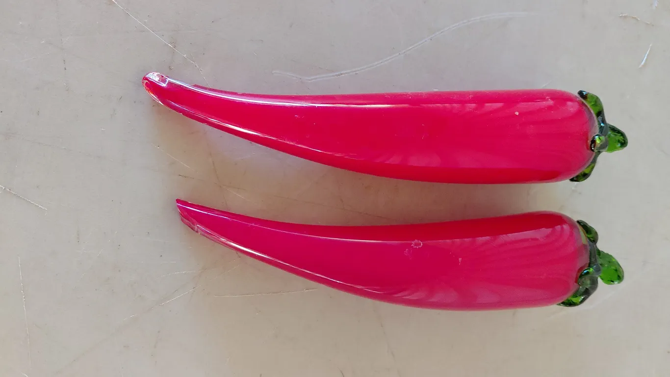 2 Hand Blown Glass Chilli Peppers 7.5" Long-1 Has Chipped End