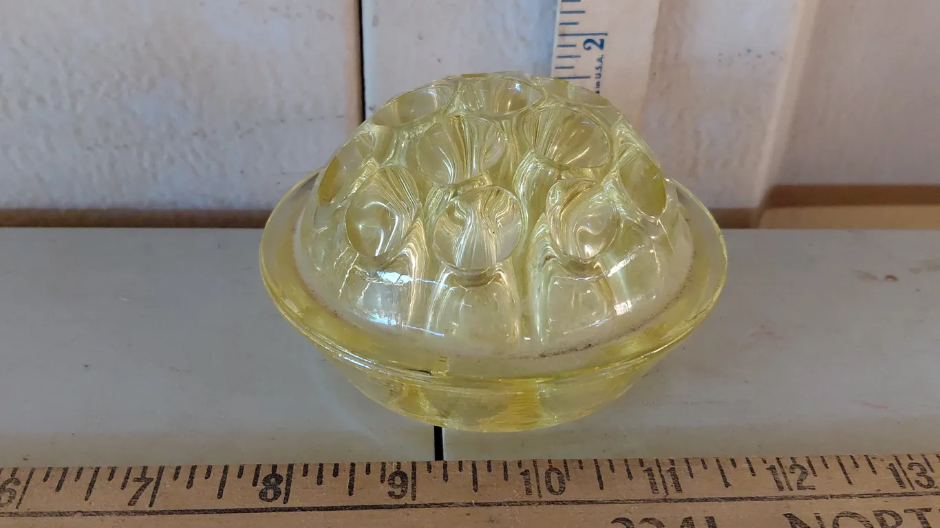 Vintage Uranium Yellow Glass Flower Frog Pat. # 1916, Measures 4.5"X2.5"