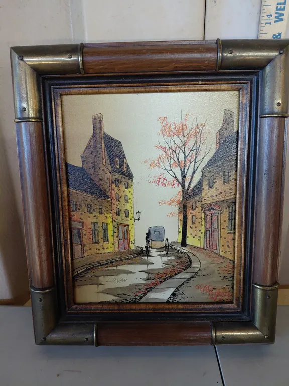 Vintage Framed European Street Scene Print By L. Ryan 11.5"X13.5"