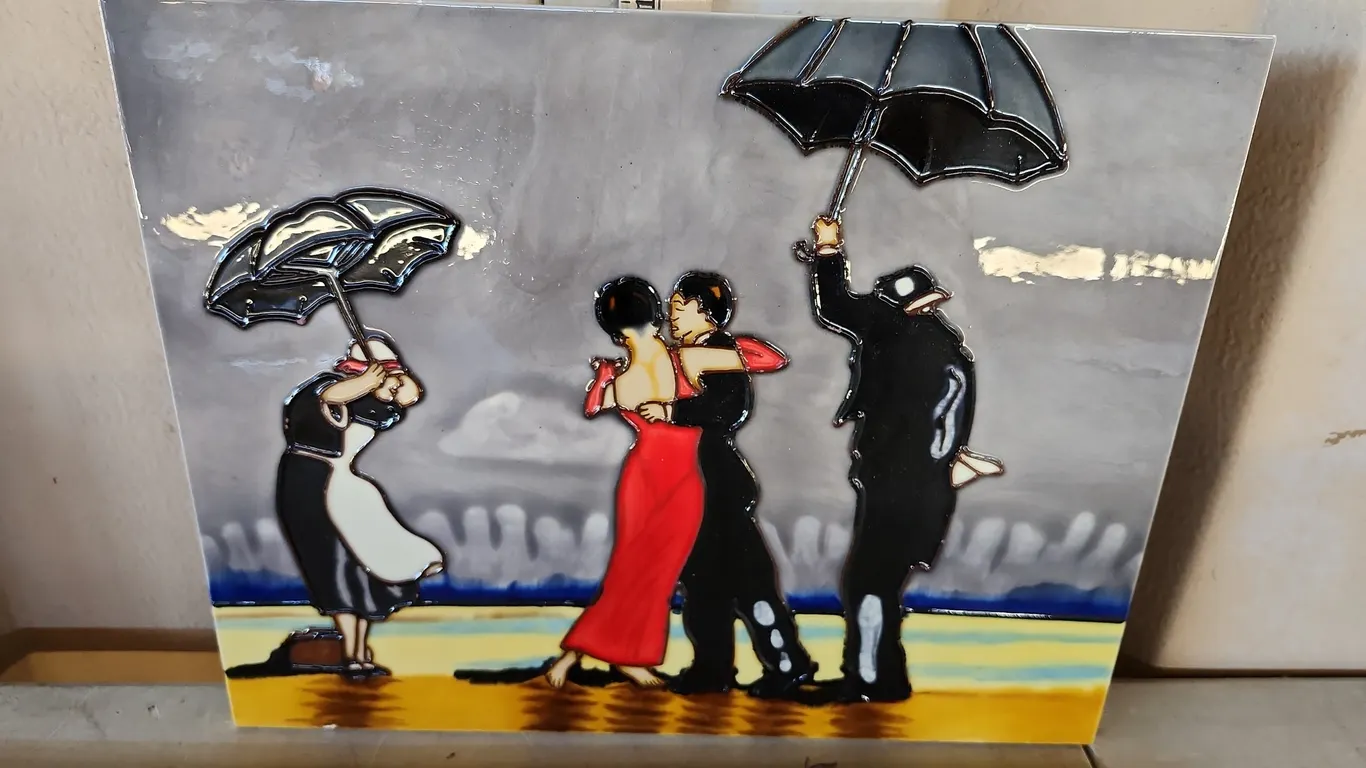 Decorative Ceramic Tile Of Jack Vettriano 1992 Painting Singing Butler 14"X11" Minor Chips Along Edg