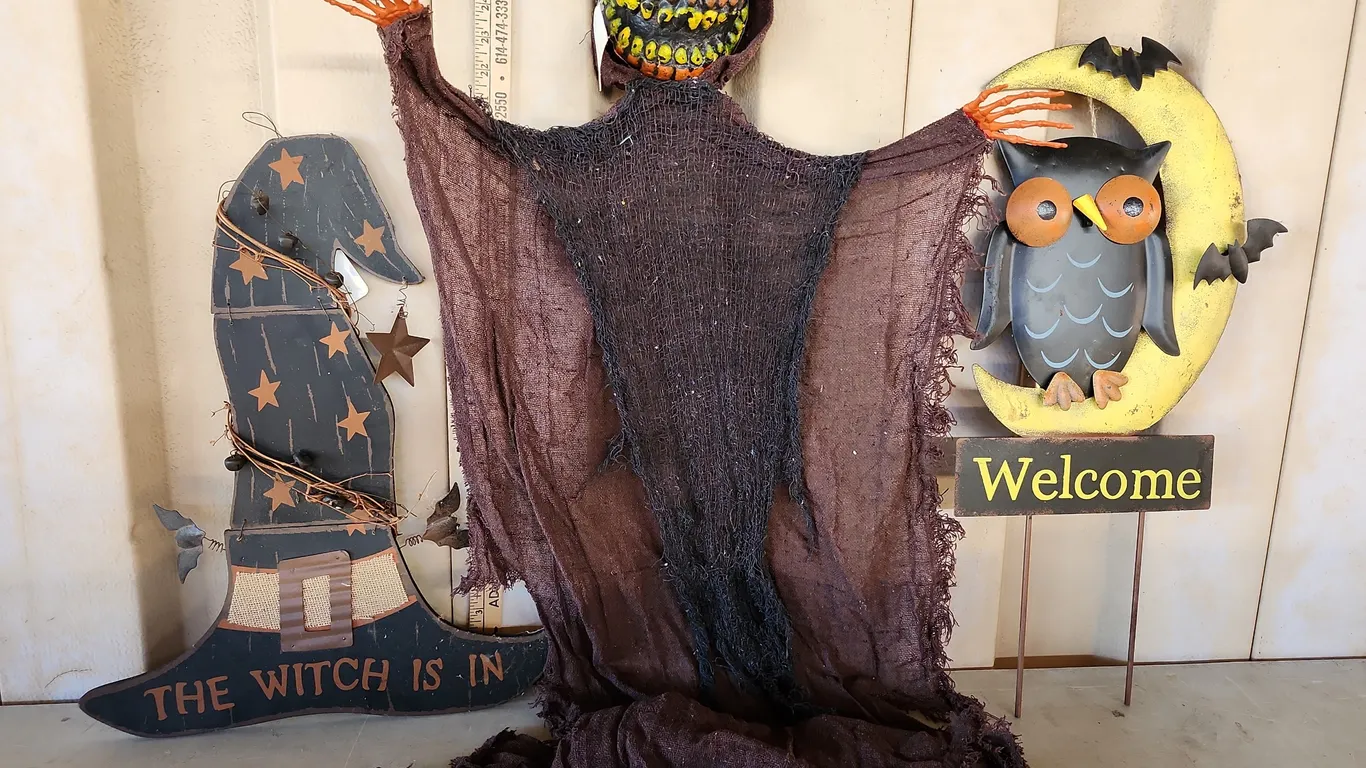 Hanging Pumpkin Man, Wood Witch Hat, & Metal Owl Yard Sign