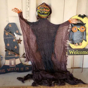 Hanging Pumpkin Man, Wood Witch Hat, & Metal Owl Yard Sign