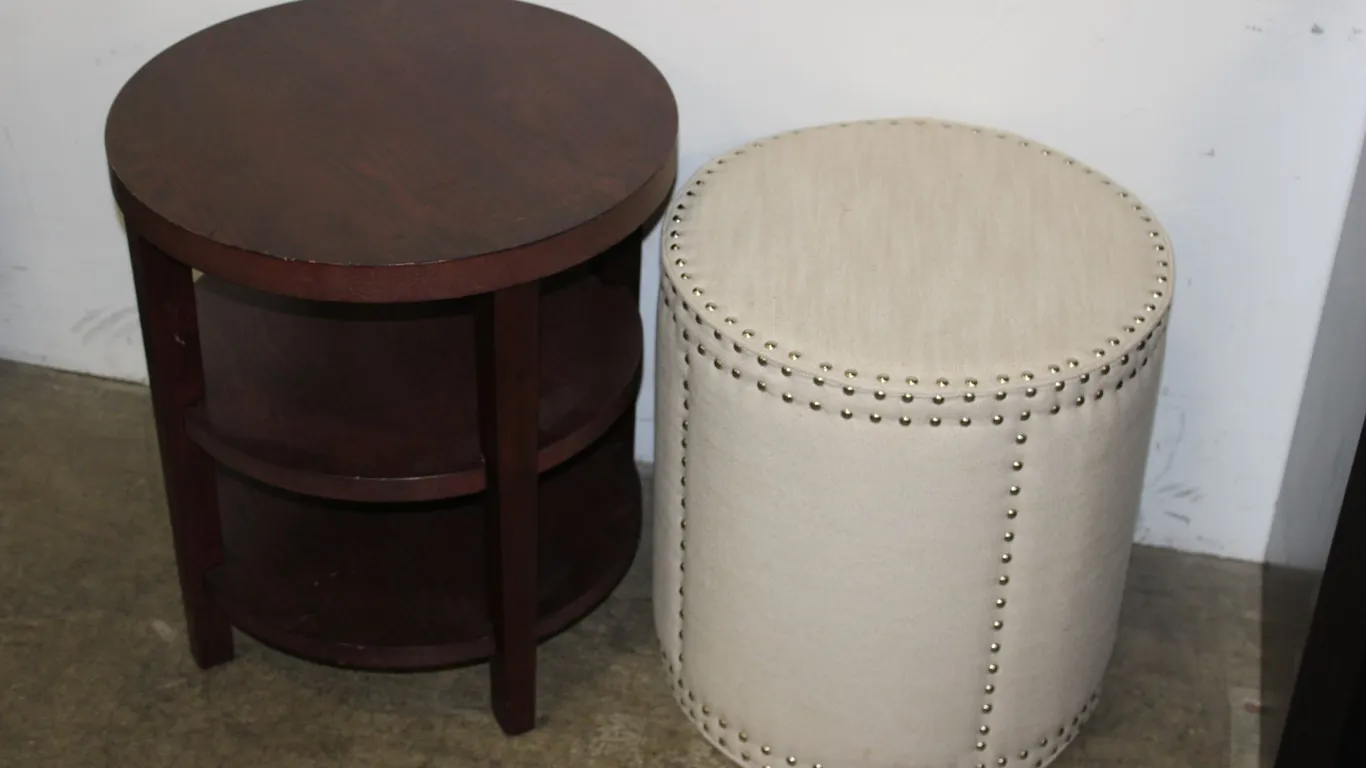 Round Side Table & Beige Ottoman