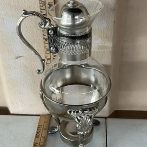 Vintage Silver Plate & Glass Coffee/Tea Carafe Pitcher W/Warmer Stand 7''X15''