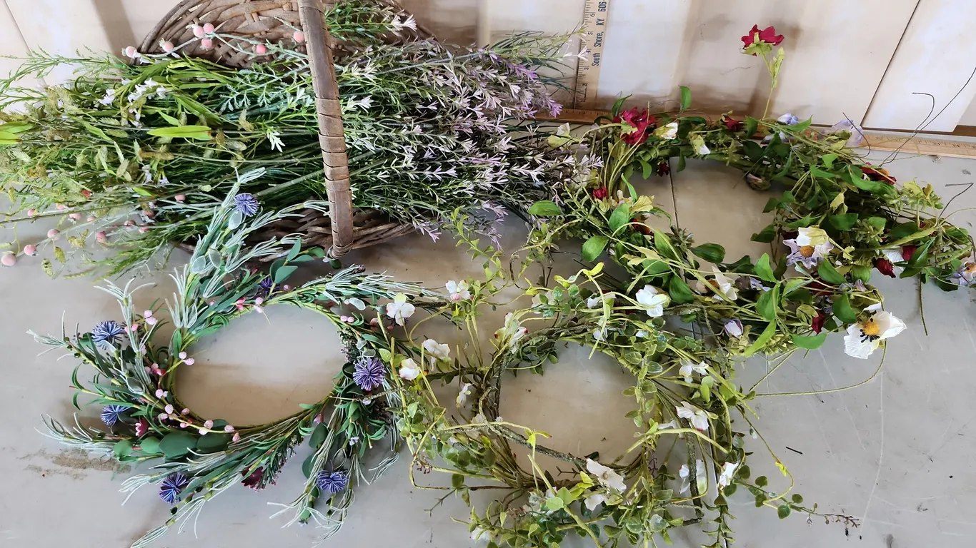 Basket, Artificial Flowers, & 2 Spring Wreaths