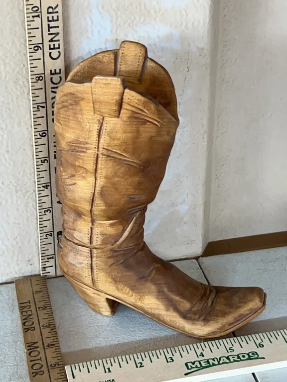 Hand Carved Wood Cowboy Boot Candle Holder/Bud Vase 9" Tall, Small Chip