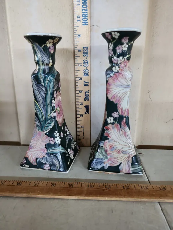 2 Vintage Chinoiserie Style Hand Painted Candle Stick Holders 8.5" Tall