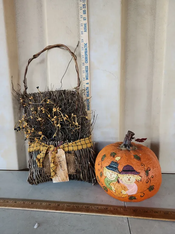 Folk Art Warm Wishes Vine Basket 9.5"X19 & Plastic Pumpkin (Stem Has Been Reattached