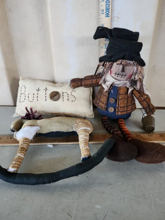 Plush Scarecrow, Buttons Pillow, & Rocking Horse