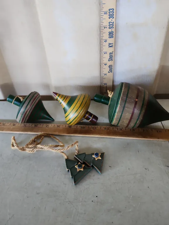 3 Wood Folk Art Tops, Cardboard Box