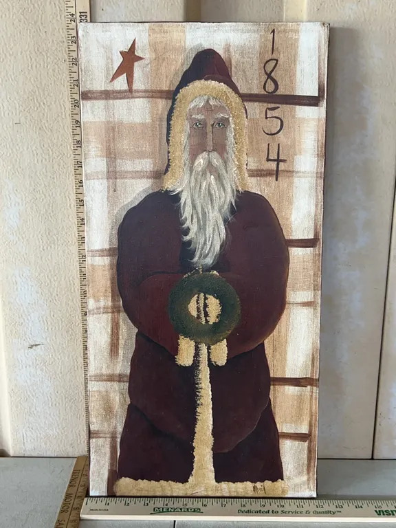 Signed Original David Santa Painting On Canvas, Folk Art 12"X24"