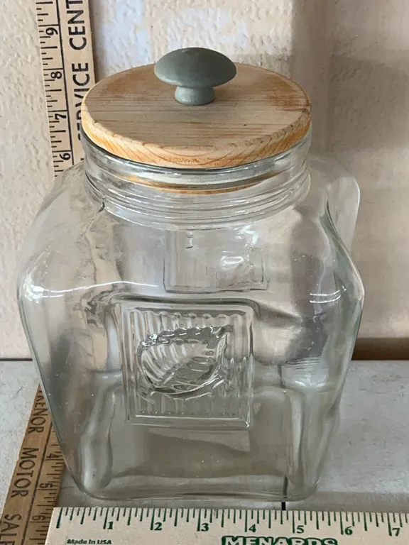 Glass Tea Leaf Jar W/Wood Lid 9.25" Tall