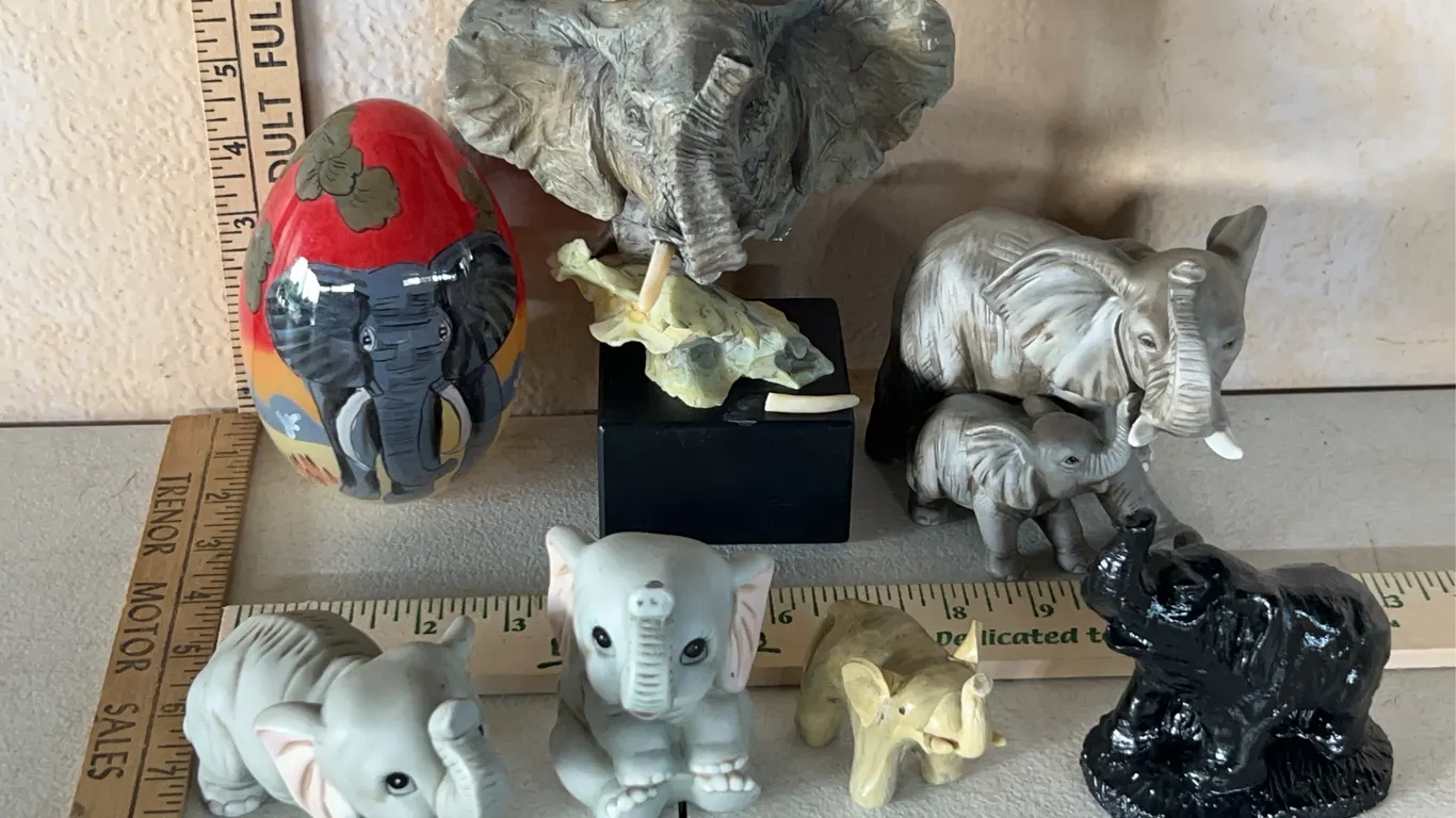 Assorted Elephant Figures, 3 Marked Homco, 1 Needs Tusk Reattached, & 1 Hand Blown Glass Egg