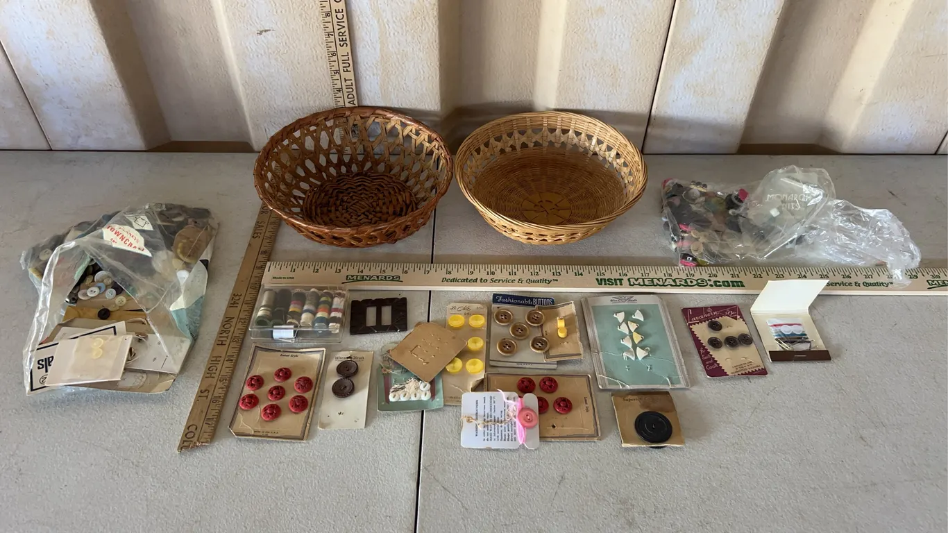 2 Baskets, Vintage Buttons, Thread, Etc.