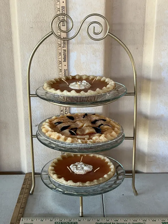 Handmade Candle Pies, Anchor Hocking Glass Plates & Metal Plate Stand 13"X10"X21.5"