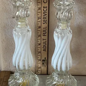 Pair Of Avon Opalique Candlestick Decanters One Missing Plastic Cork 9.25'' Tall